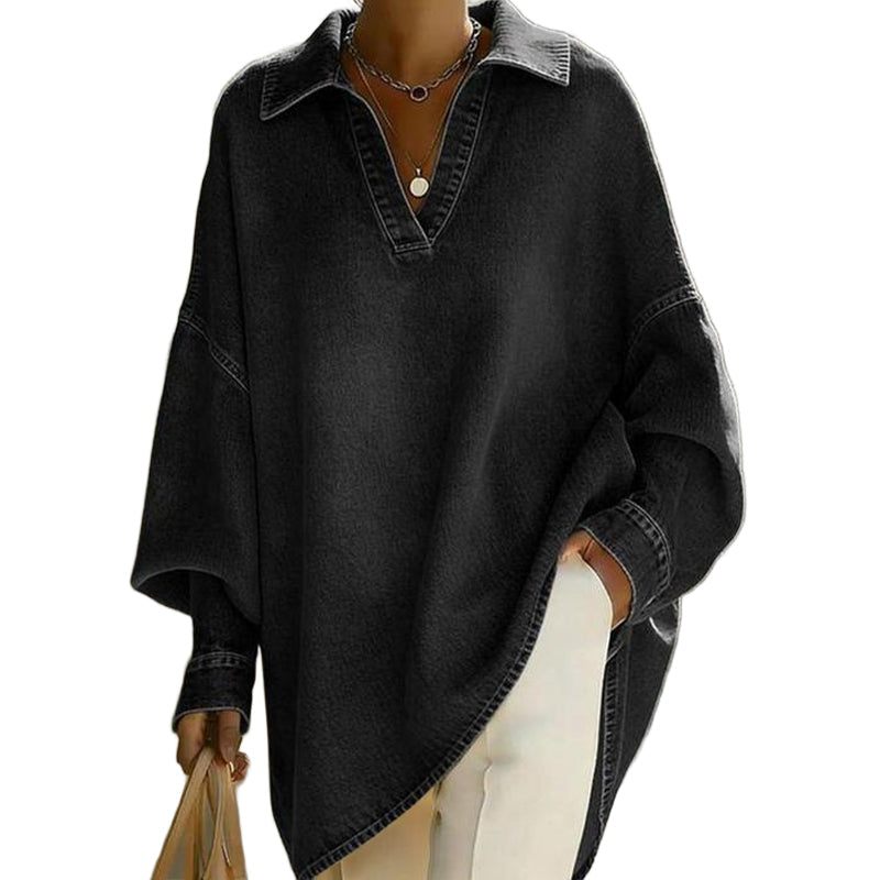Chemise pull en jean décontractée pour femme, col V, manches chauve-souris et ourlet asymétrique, coupe ample