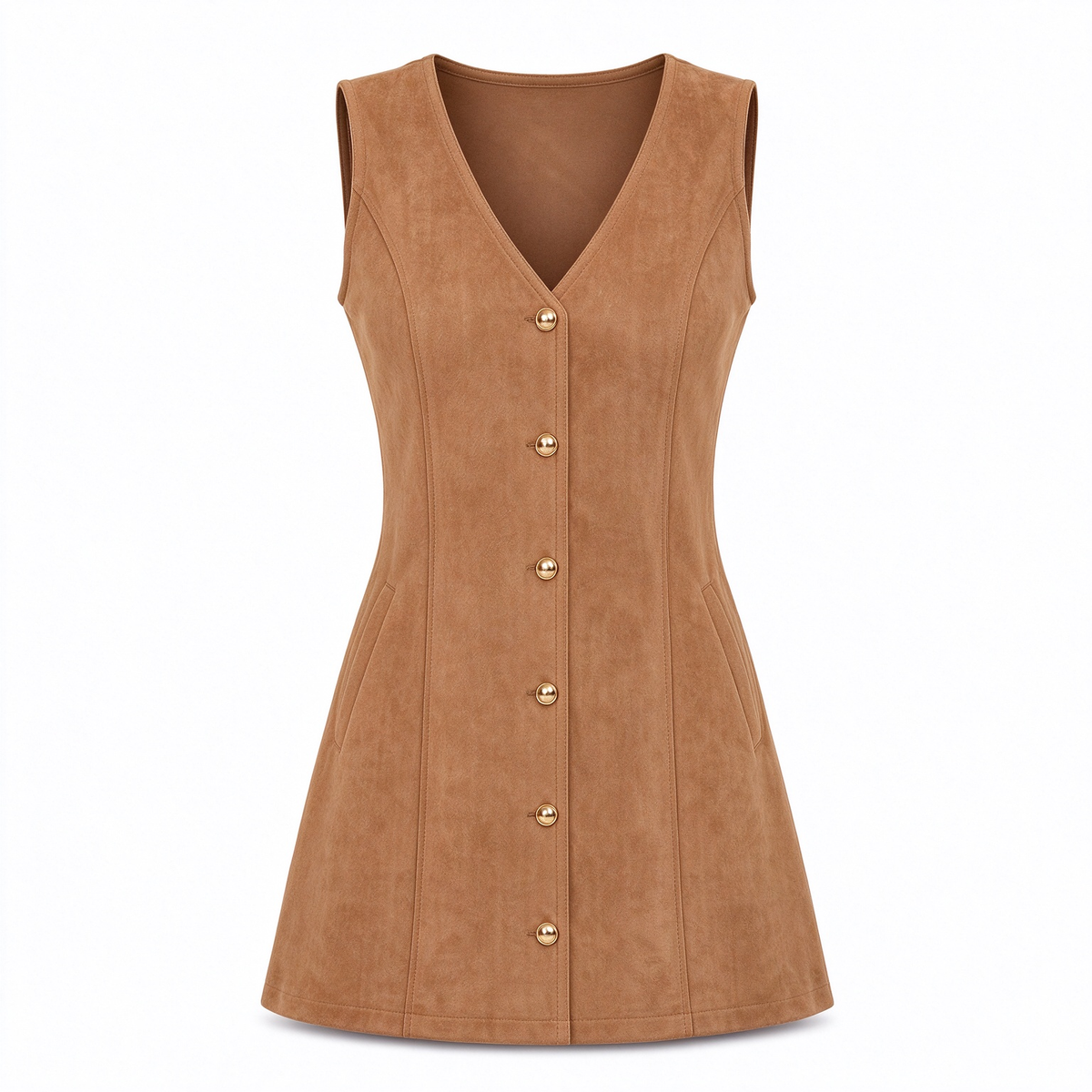 Robe salopette sans manches classique en fausse peau suédée, col en V, boutonnée devant