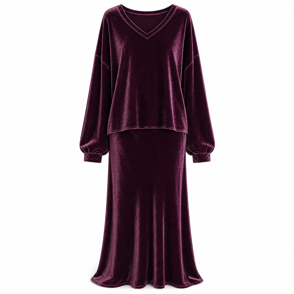 Ensemble deux pièces en velours de couleur unie pour femme, avec sweat à col V profond et coupe ample et jupe longue évasée