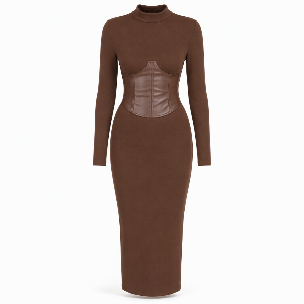 Robe pull mouchetée à manches longues et col rond pour femme, coupe slim moulante