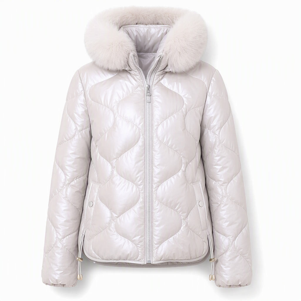 Manteau d'hiver slim en coton matelassé à capuche et col fourrure pour femme, brillant nacré