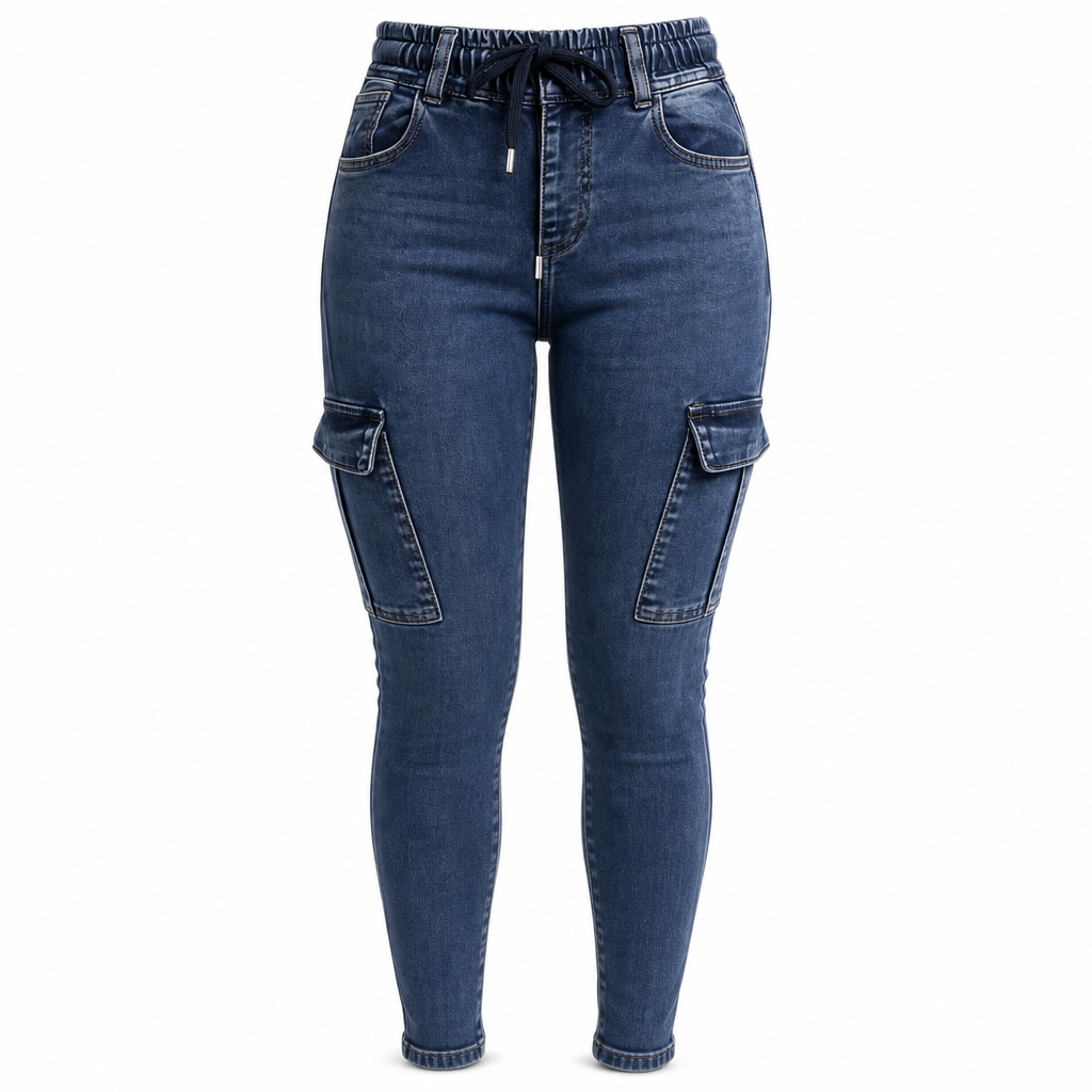 Jegging cargo taille haute élastique à cordon de serrage pour femme, pantalon en jean moulant