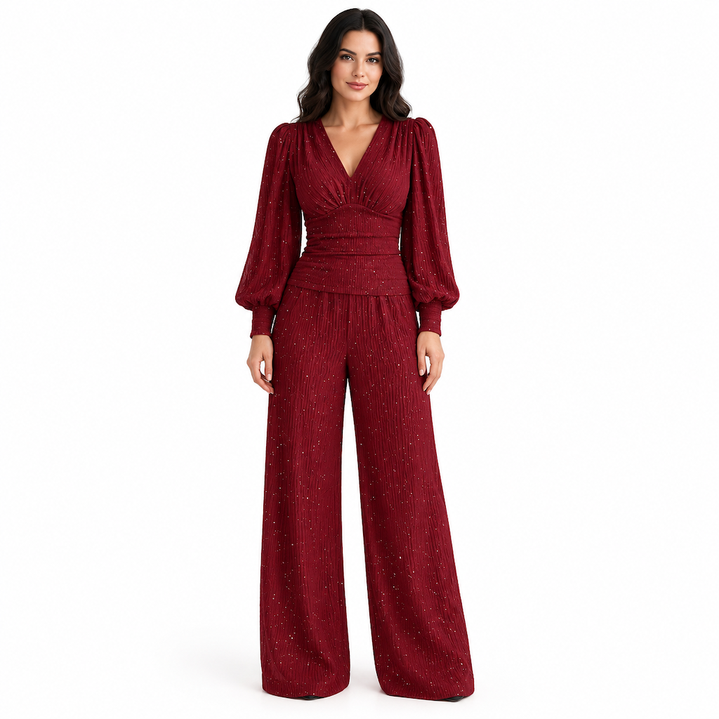 đEnvie dâun ensemble 2 piĂšces femme pour lâautomne-hiver ? Haut plissĂ© col V, manches bouffantes et pantalon large Ă poches âšđ