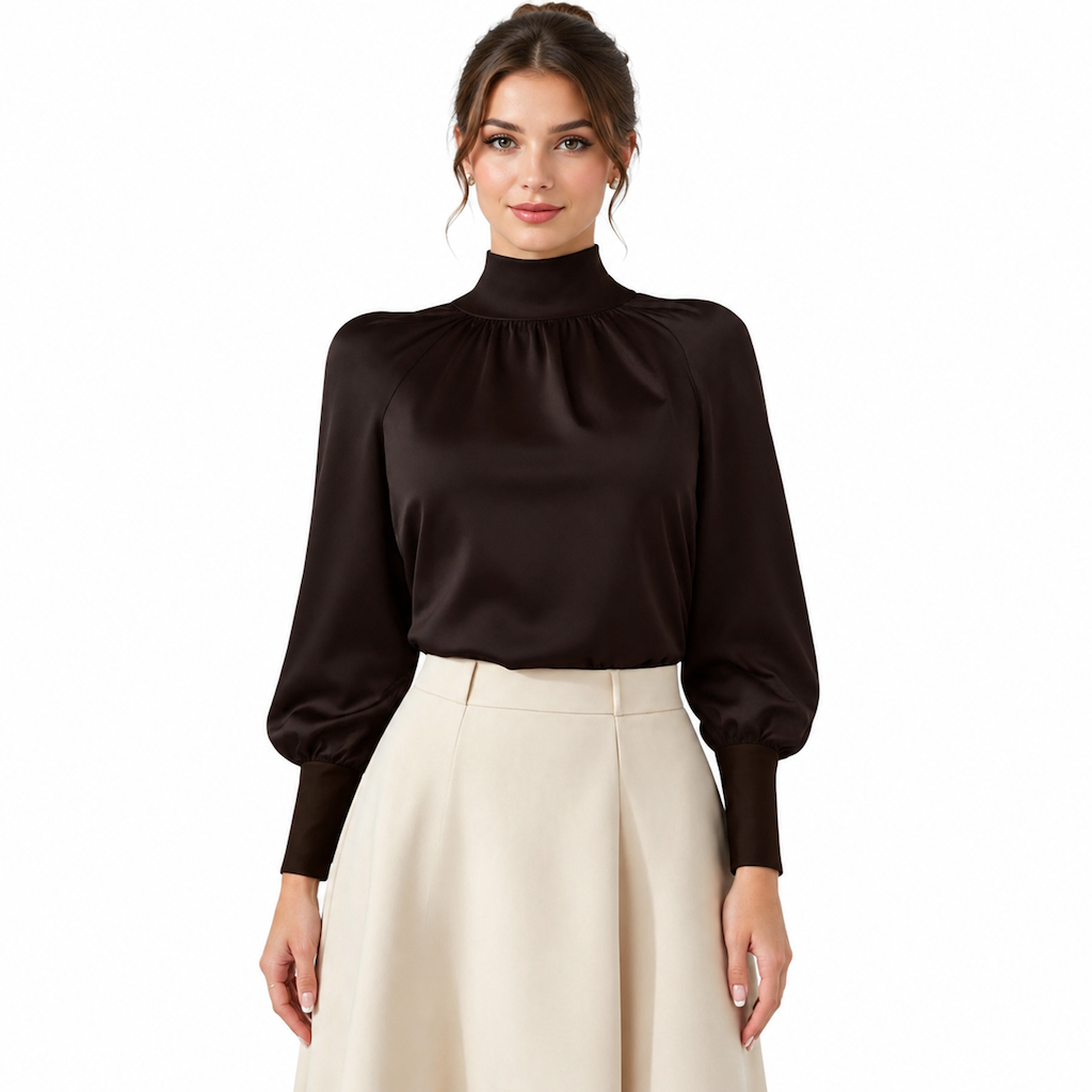 ✨ Blouse en satin à col montant et manches bouffantes, style français : facile à superposer en automne-hiver 🎀