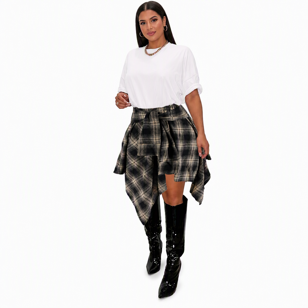 ✨ Jupe pour femme à carreaux, effet patchwork, asymétrique et taille haute : facile à porter au quotidien 👗