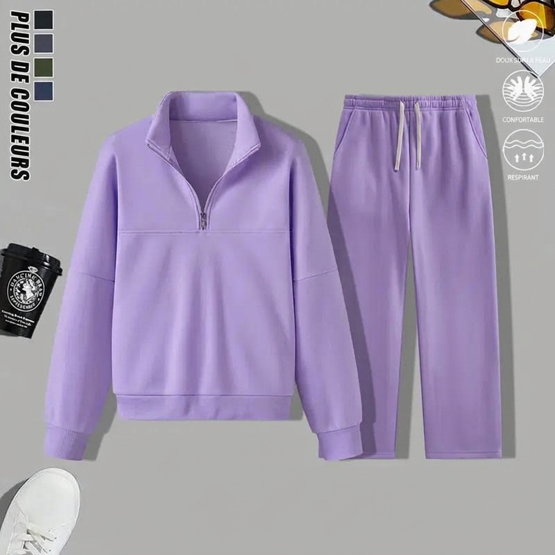 ✨ Ensemble deux pièces : haut demi-zip et pantalon long assortis, facile à porter au quotidien 🧶