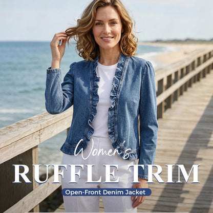 🥳VENTE CHAUDE 2026🥳💞50K+ VENDUS !👵☀️ 56% DE RÉDUCTION ! Veste en Jean à Devant Ouvert – Sans boutons, facile à enfiler/enlever. Volants flatteurs, tissu respirant. Lavage bleu classique. Un inémporel de garde-robe. 🌿✅