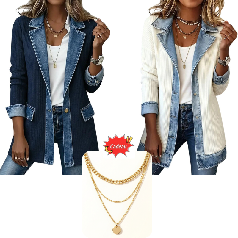Manteau en maille côtelée élégant pour femme avec empiècements en jean