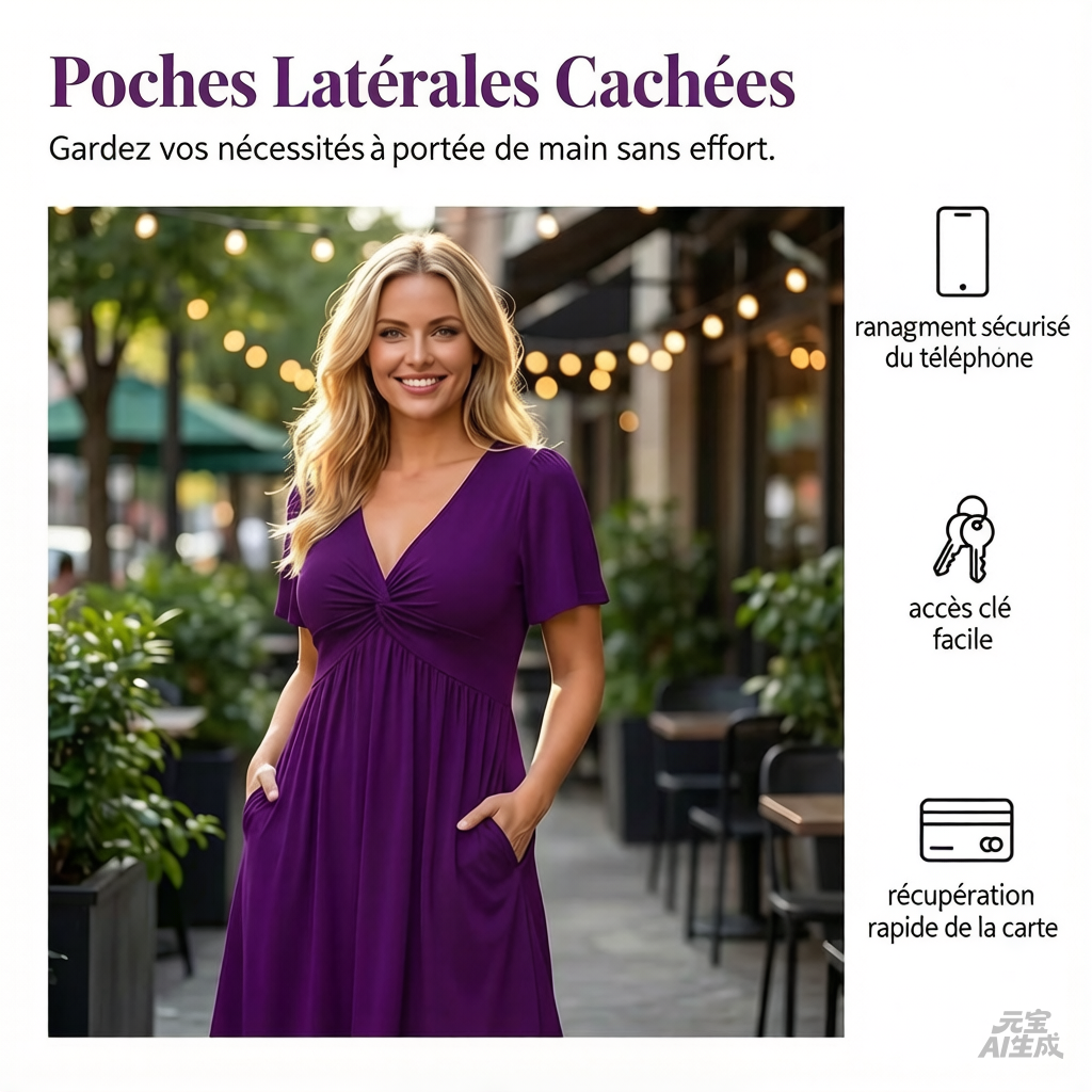 👗✨ PROMO LIMITÉE 50% ! Robe Femme en V à Devant Bouclé – Tissu Fluide Doux, Poches Latérales, Coupe Large, 4 Couleurs, Taille XL-5XL, Parfaite pour Toutes Occasions 🌺
