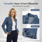 🥳VENTE CHAUDE 2026🥳💞50K+ VENDUS !👵☀️ 56% DE RÉDUCTION ! Veste en Jean à Devant Ouvert – Sans boutons, facile à enfiler/enlever. Volants flatteurs, tissu respirant. Lavage bleu classique. Un inémporel de garde-robe. 🌿✅