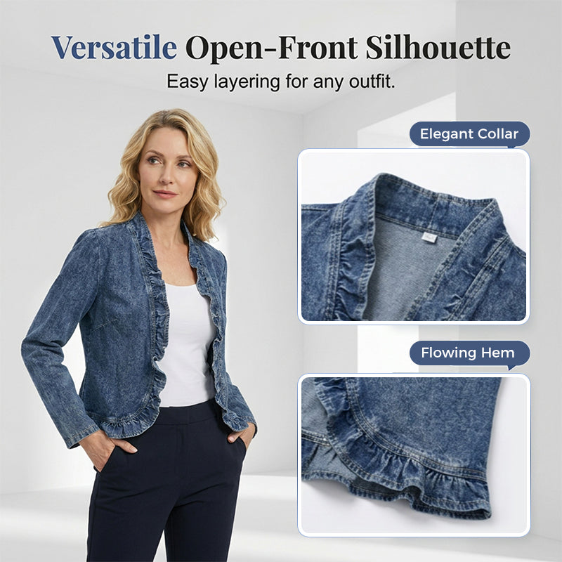 🥳VENTE CHAUDE 2026🥳💞50K+ VENDUS !👵☀️ 56% DE RÉDUCTION ! Veste en Jean à Devant Ouvert – Sans boutons, facile à enfiler/enlever. Volants flatteurs, tissu respirant. Lavage bleu classique. Un inémporel de garde-robe. 🌿✅
