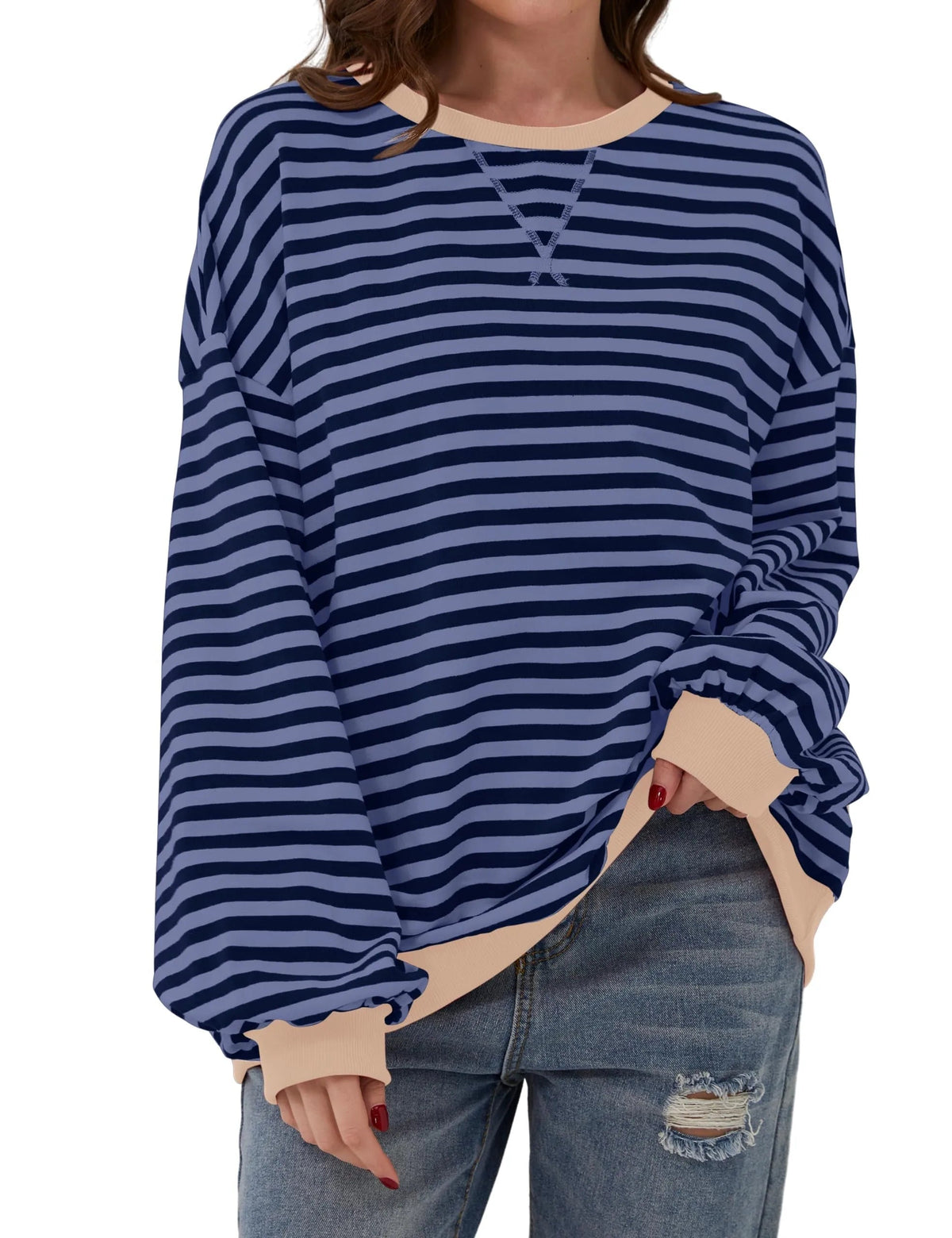 🔥50% de réduction😲 - T-shirt à manches longues et col rond rayé à la mode pour femmes