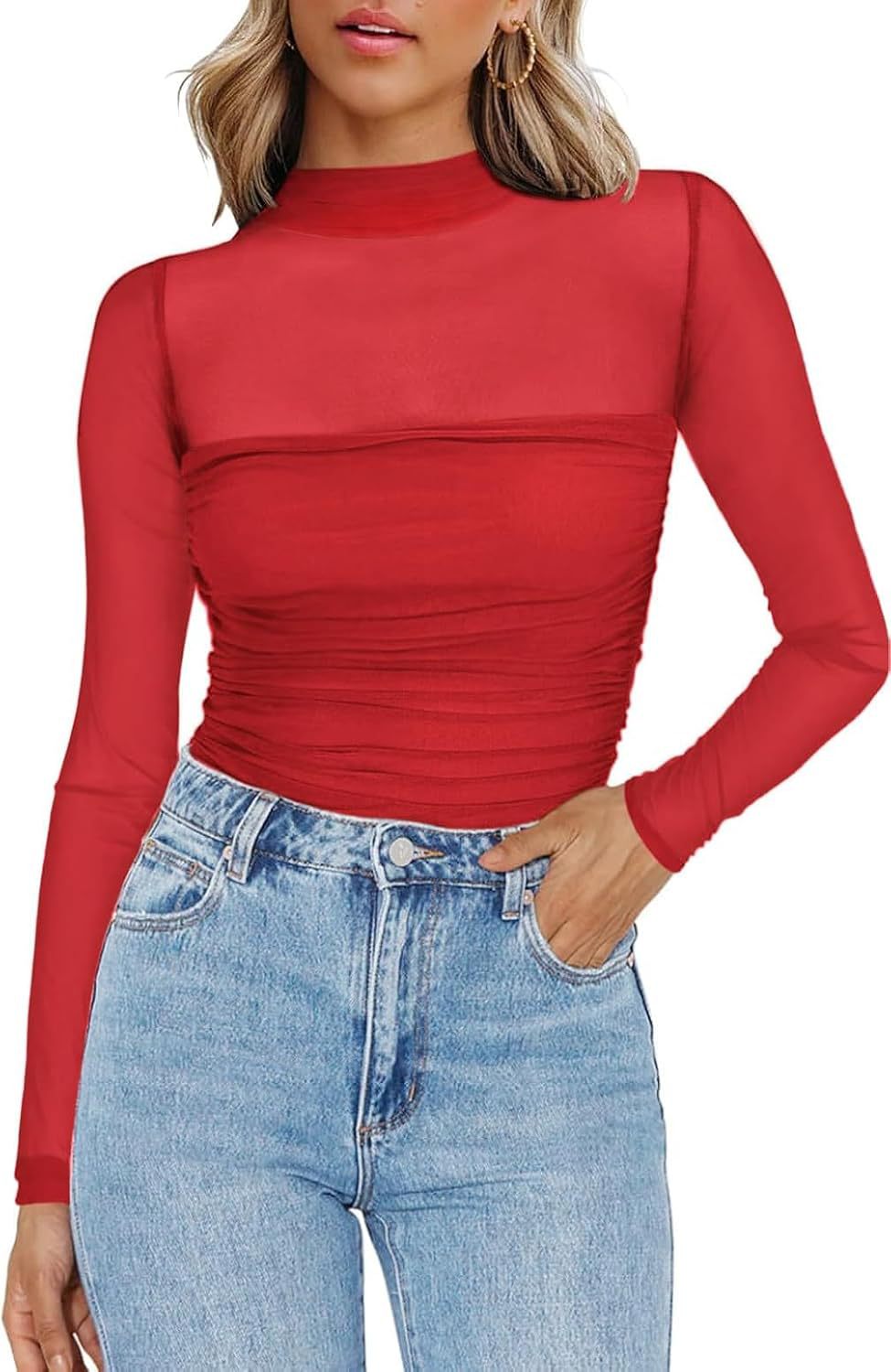 💃Dernier jour des soldes -50 % de réduction🎉Haut à manches longues transparent en maille scintillante pour femme