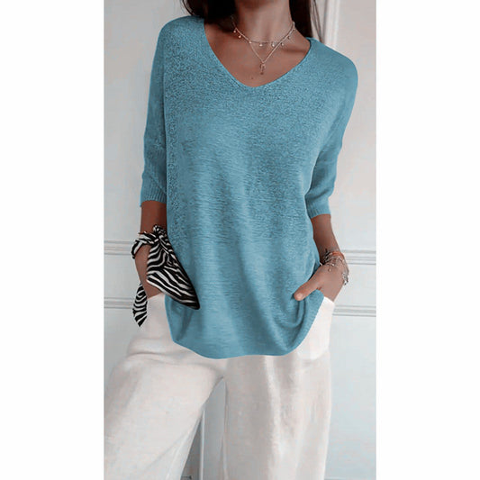 💖Soldes limitées 50 % de réduction💖Haut en tricot uni à col en V