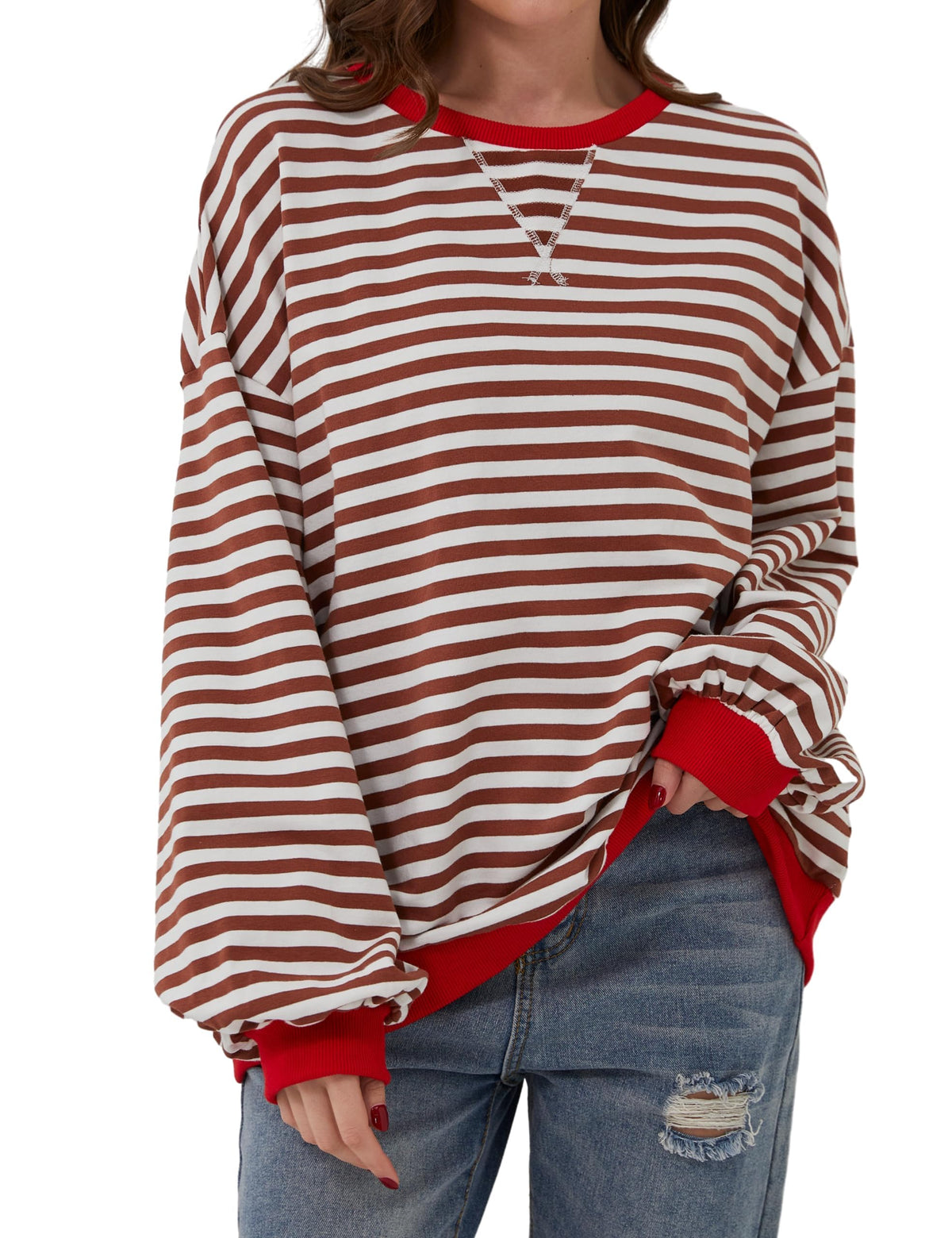 🔥50% de réduction😲 - T-shirt à manches longues et col rond rayé à la mode pour femmes