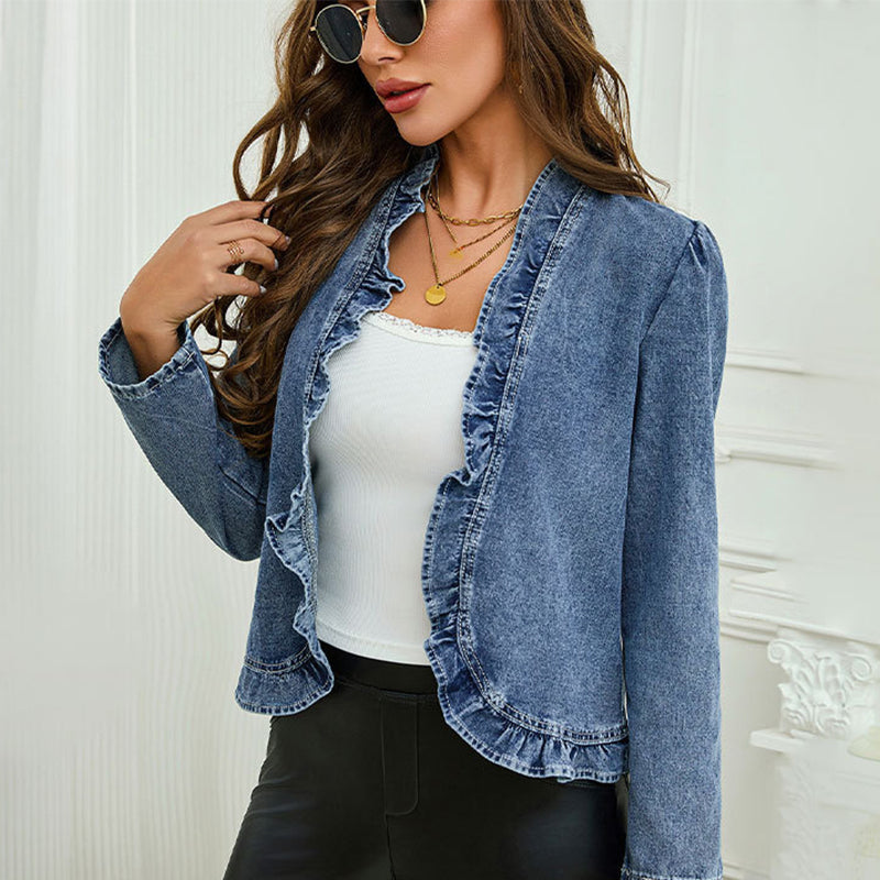 🥳VENTE CHAUDE 2026🥳💞50K+ VENDUS !👵☀️ 56% DE RÉDUCTION ! Veste en Jean à Devant Ouvert – Sans boutons, facile à enfiler/enlever. Volants flatteurs, tissu respirant. Lavage bleu classique. Un inémporel de garde-robe. 🌿✅