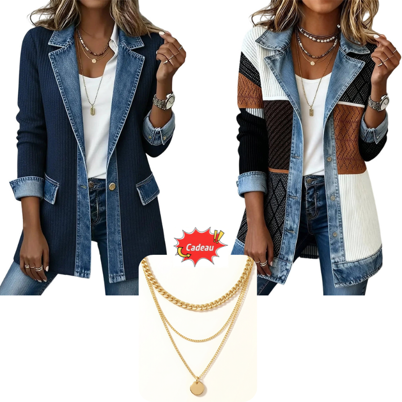 Manteau en maille côtelée élégant pour femme avec empiècements en jean