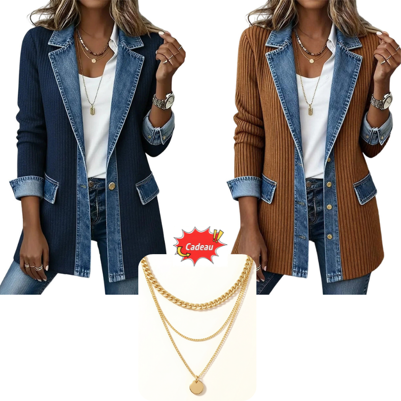 Manteau en maille côtelée élégant pour femme avec empiècements en jean