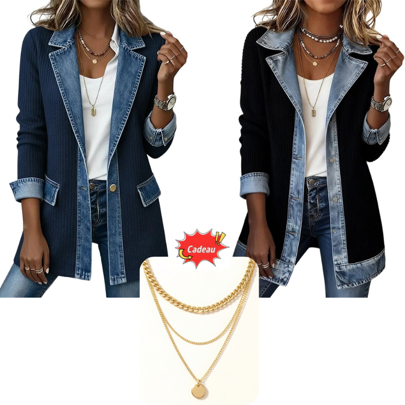 Manteau en maille côtelée élégant pour femme avec empiècements en jean