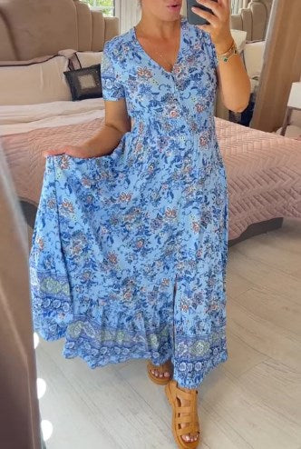👗 49% DE RÉDUCTION ! 💃 Robe Longue à Col en V Imprimée – Coupe Élégante, Tissu Confortable & Style Polyvalent ✨