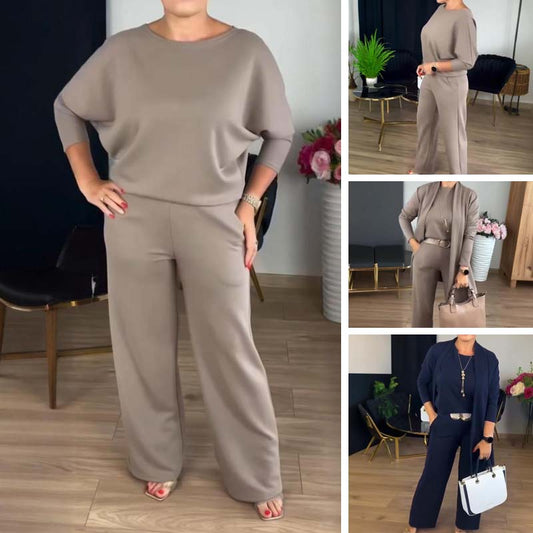 🌸Soldes d'automne👗 Élégant ensemble trois pièces avec cardigan long – Tissu doux, haut et pantalon stylés, parfaits pour aller au travail et pour le quotidien. ✨