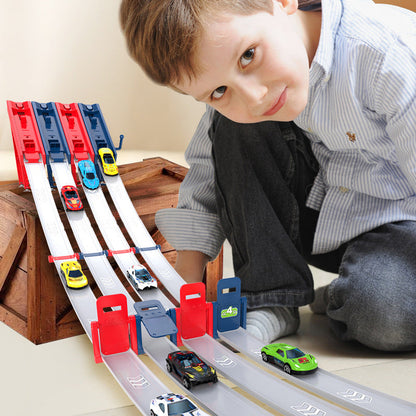 Circuit de course double avec lanceur de voitures miniatures pour enfants