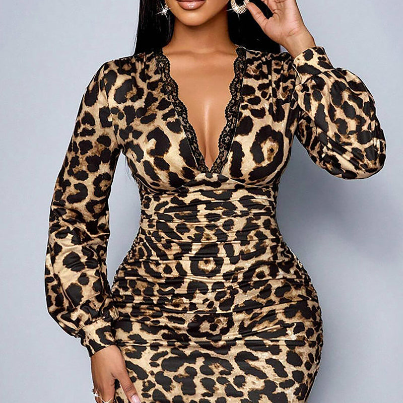 🔥50% de réduction ! 💃 Robe mi-longue léopard à col V dentelle & manches lanternes – Élégante, flatteuse et audacieuse 🐾