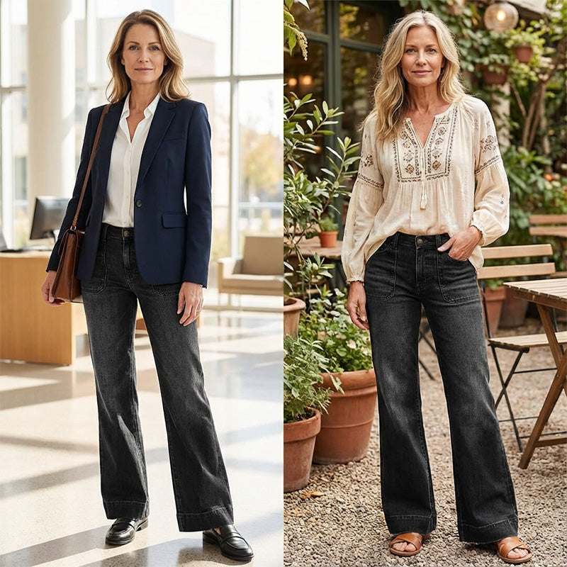 👖🌟 PROMO FLASH 50% ! Jean Évasé Rétro Femme – Denim Élastique, Poches Pratiques, Ourlet Large Retroussé, Tailles S-2XL, Idéal Look Vintage Chic ✨
