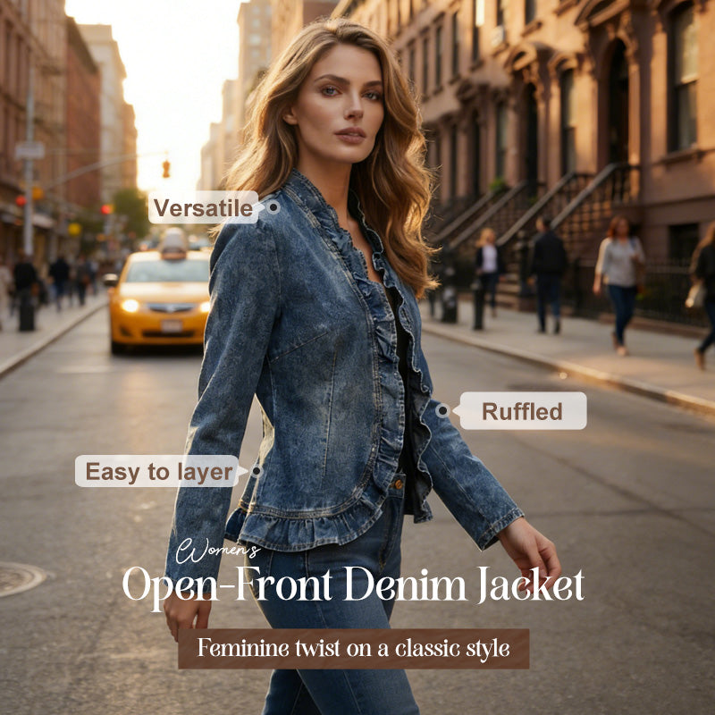 🥳VENTE CHAUDE 2026🥳💞50K+ VENDUS !👵☀️ 56% DE RÉDUCTION ! Veste en Jean à Devant Ouvert – Sans boutons, facile à enfiler/enlever. Volants flatteurs, tissu respirant. Lavage bleu classique. Un inémporel de garde-robe. 🌿✅