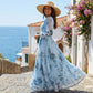 Robe longue élégante plissée à col V avec motif floral