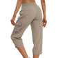 ✨Vente chaude 50% de rabais💖Pantalon cargo 3/4 taille haute uni pour femme avec cordon de serrage