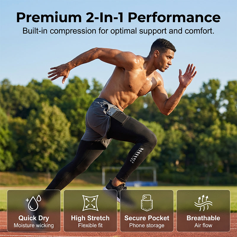 📱PROMO LIMITÉE -50%👖Collant 2-en-1 Homme – Compression & Short, Respirant, Poche Téléphone, 3 Couleurs, S-3XL