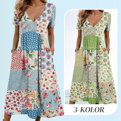 🥳VENTE FLASH 2026🥳💞Plus de 50 000 vendus !💙50% de réduction ! Robe à manches courtes et col V à motifs pour femme – Tissu doux, coupe flatteuse et ajustée, un indispensable du quotidien décontracté🌿✅