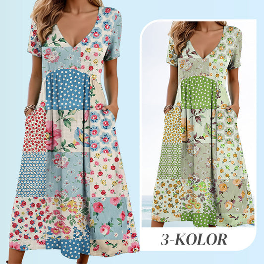 🥳VENTE FLASH 2026🥳💞Plus de 50 000 vendus !💙50% de réduction ! Robe à manches courtes et col V à motifs pour femme – Tissu doux, coupe flatteuse et ajustée, un indispensable du quotidien décontracté🌿✅