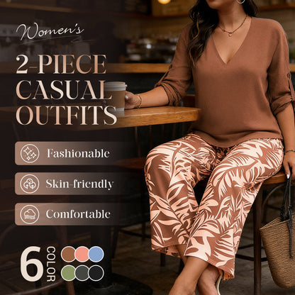 👔🌸 PROMO -50% ! Ensemble Femme Chemisier V & Pantalon Large Imprimé Feuilles – 2 Pièces, Tissu Léger (6 Couleurs, S-3XL)