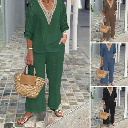 🔥Haut à col en V et pantalon à jambes larges pour femme✈️