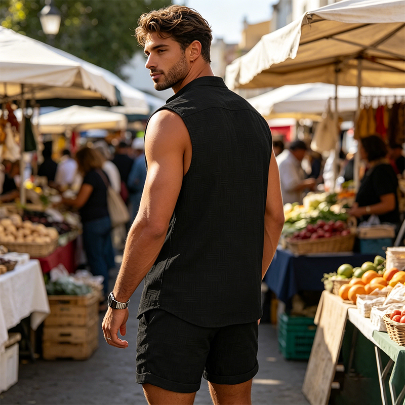 Ensemble haut sans manches boutonné et short pour homme