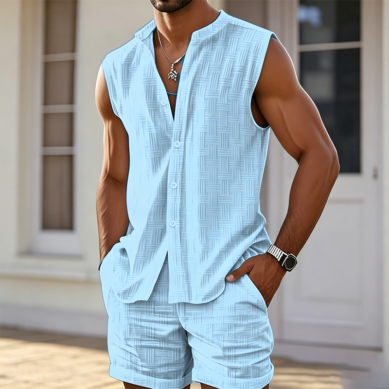 Ensemble haut sans manches boutonné et short pour homme