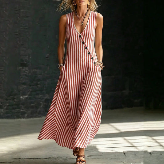 👗 PROMO 50% DE RÉDUCTION LIMITÉE ! ✨ Robe longue sans manches à rayures : col V, coupe trapèze et poches latérales 🌊