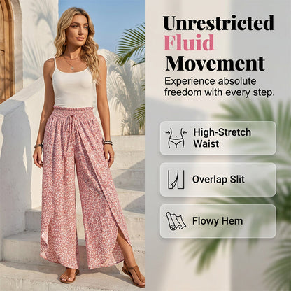 Pantalon femme à taille froncée, jambes larges et fente latérale