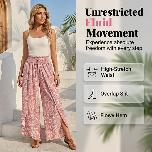 Pantalon femme à taille froncée, jambes larges et fente latérale