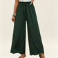 Pantalon femme à taille froncée, jambes larges et fente latérale