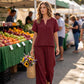 Ensemble femme top à manches courtes et pantalon jambe large