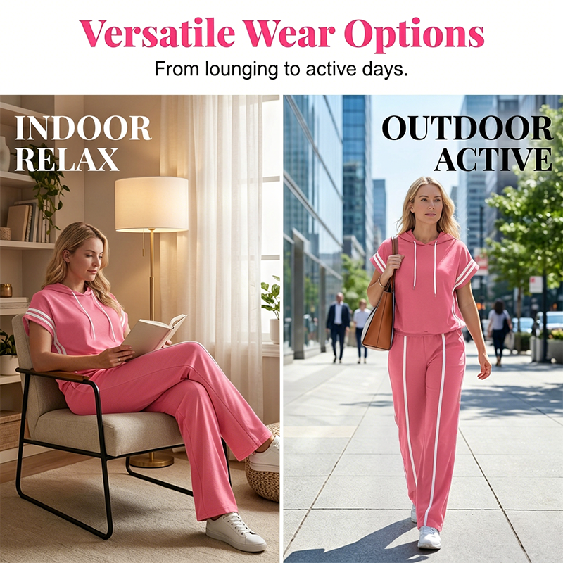 Ensemble pour femme composé d'un sweat à capuche à manches courtes rayé et d'un pantalon à jambes larges