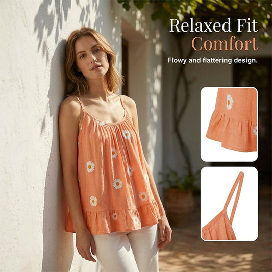 👚 50% DE RÉDUCTION 🌼 Caraco bretelles spaghetti imprimé marguerites pour femme – Doux, léger & aéré – Parfait pour les journées chaudes, la plage ou un look décontracté – esprit floral estival ☀️
