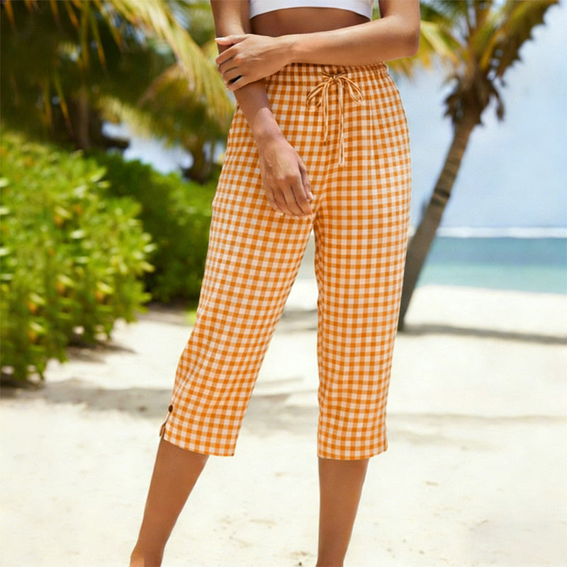 💞 PLUS DE 50 000 EXEMPLAIRES VENDUS !   – Pantalon capri coton-lin de haute qualité à motif carreaux classique – Parfait pour le printemps & l'été !