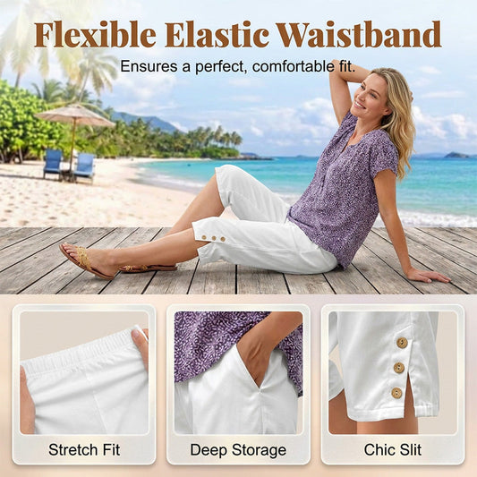 ☀️Pantalon 3/4 d'été pour femme avec boutons décoratifs✨Agréable à porter, confortable et doté de poches que vous utiliserez vraiment
