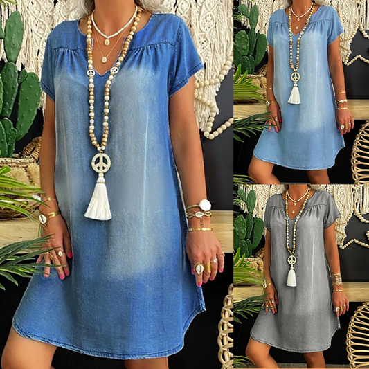 ❤️ Robe jean femme à col V et manches courtes