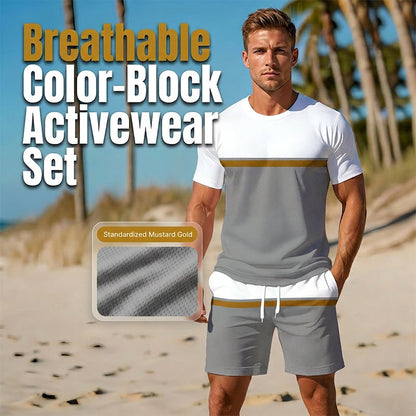 🏖️👕 Ensemble de sport d'été pour homme, color-block – T-shirt athlétique respirant et short à cordon de serrage, tenue 2 pièces