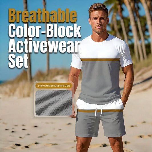 🏖️👕 Ensemble de sport d'été pour homme, color-block – T-shirt athlétique respirant et short à cordon de serrage, tenue 2 pièces